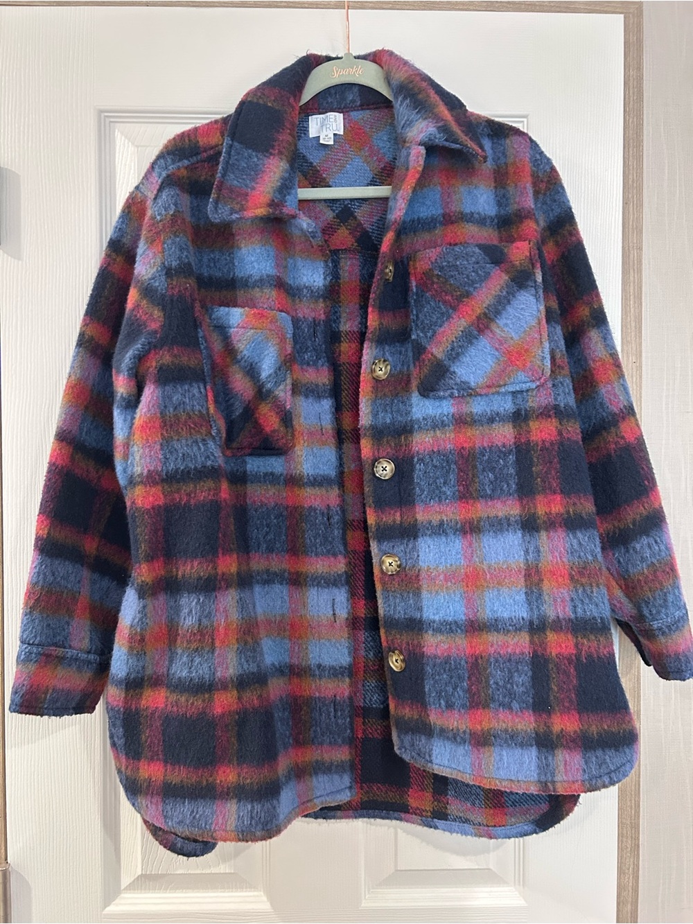 Women’s Plaid Shacket Jacket in Navy, Blue & Red
